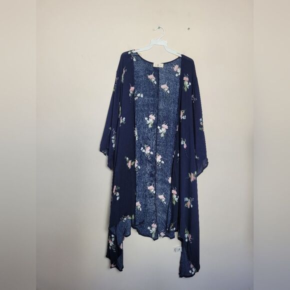 Hopely Navy Floral Kimono Duster Shrug Lightweight Bohemian Indie Gypsy Medium - Picture 1 of 12